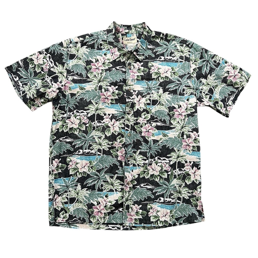 Cooke Street Hawaiian Shirt Men's XL Floral Palm Reverse Print Tropical Cotton